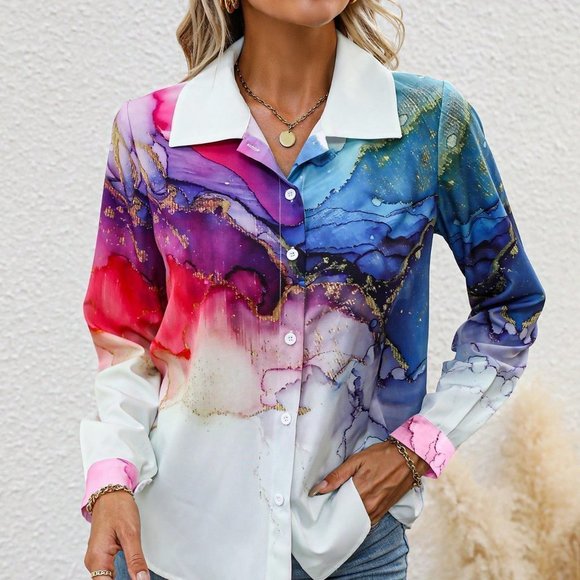 Multicolor Casual Womens Marble Print Button Front Shirt - Picture 4 of 5